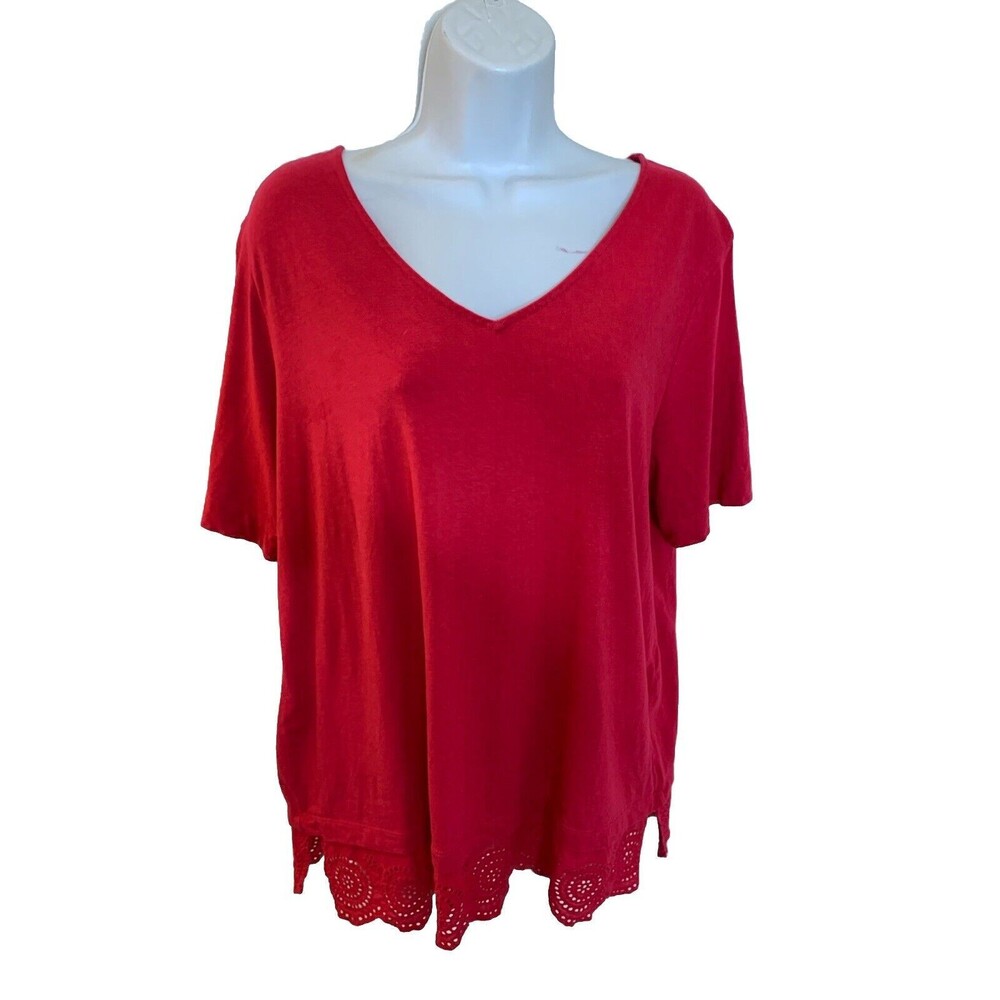 Chicos Size 3 Red Eyelet Lace Top Blouse V-neck Short sleeve Womens (11)